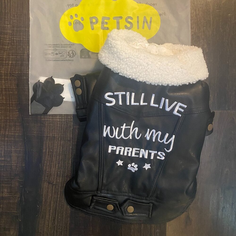 PETSIN Black Faux Leather Fleece Jacket w/ Embroidery Sizes Med & Lrg New - Picture 8 of 12